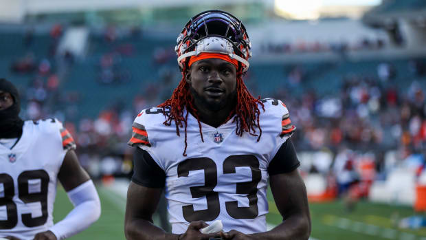 Nov 7, 2021; Cincinnati, Ohio, USA; Cleveland Browns safety Ronnie Harrison (33) walks off the field after the game against the Cincinnati Bengals at Paul Brown Stadium. Mandatory Credit: Katie Stratman-USA TODAY Sports